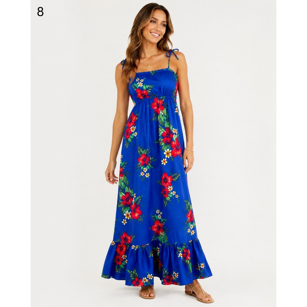 Vintage Hilo Hattie's Maxi Dress Womens Small Blue Cotton Floral Strappy